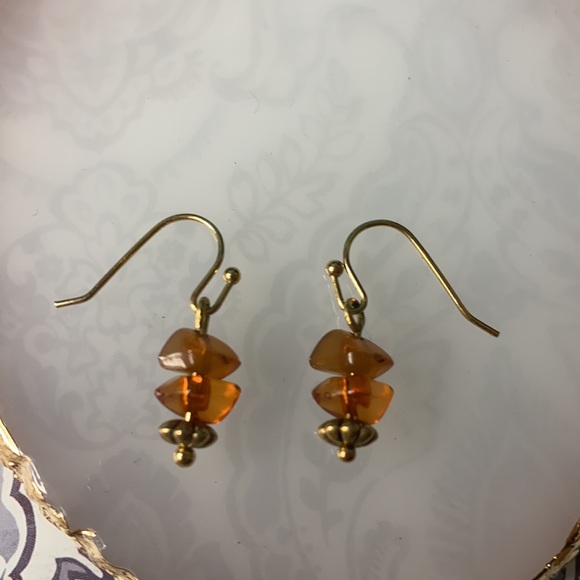 Handmade Gold Tone Stacked Stone Dangle Earrings - Picture 2 of 3
